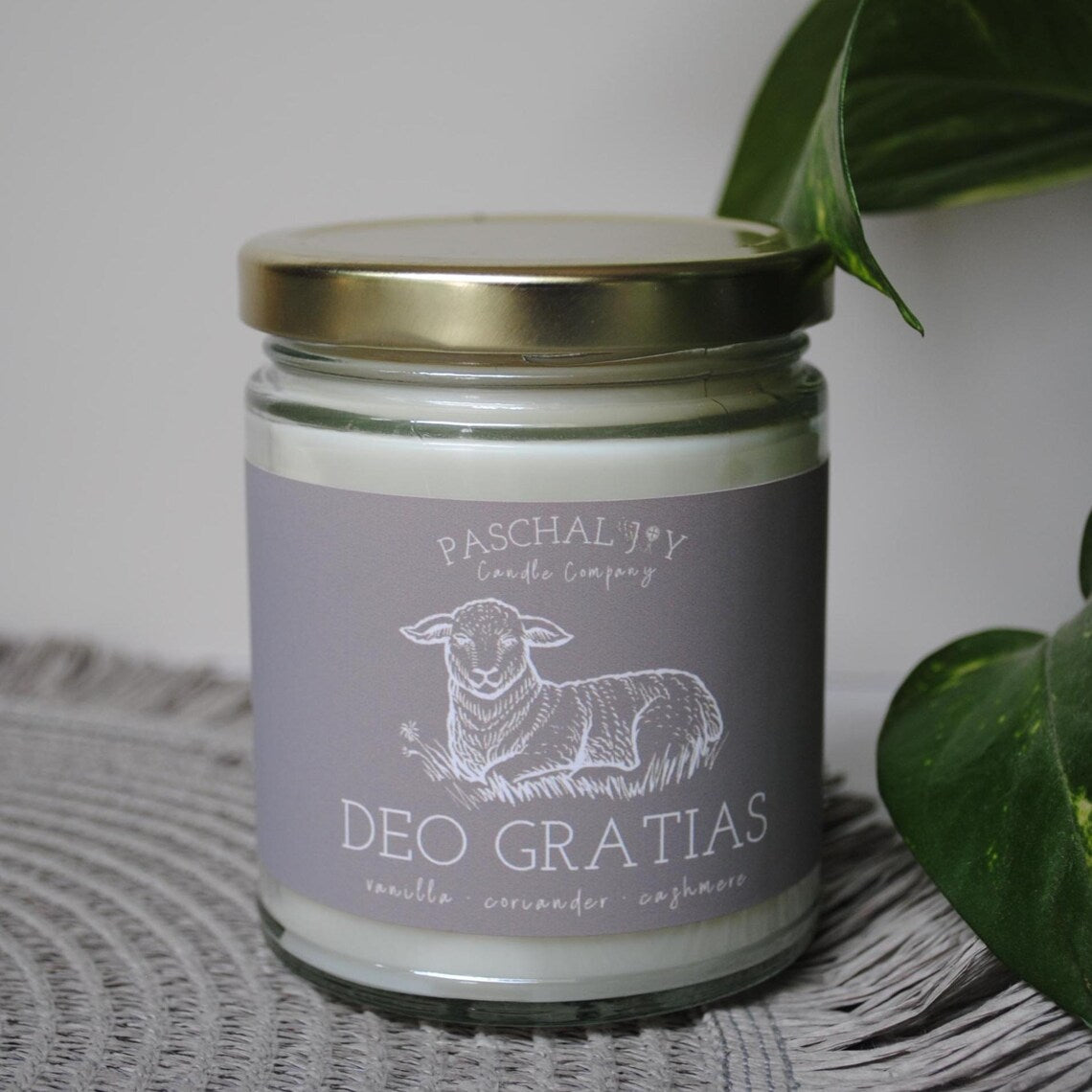 Candle jar with 'Deo Gratias' label and sheep illustration on a textured surface with plant leaves.