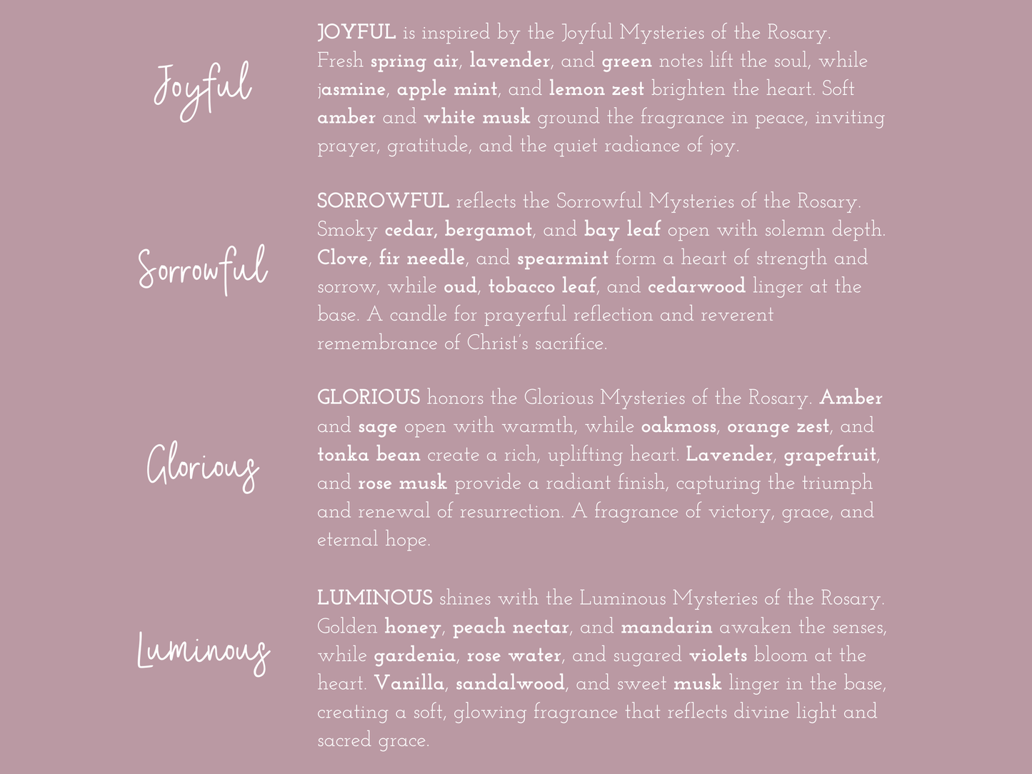 Describing rosary candle collection scents
