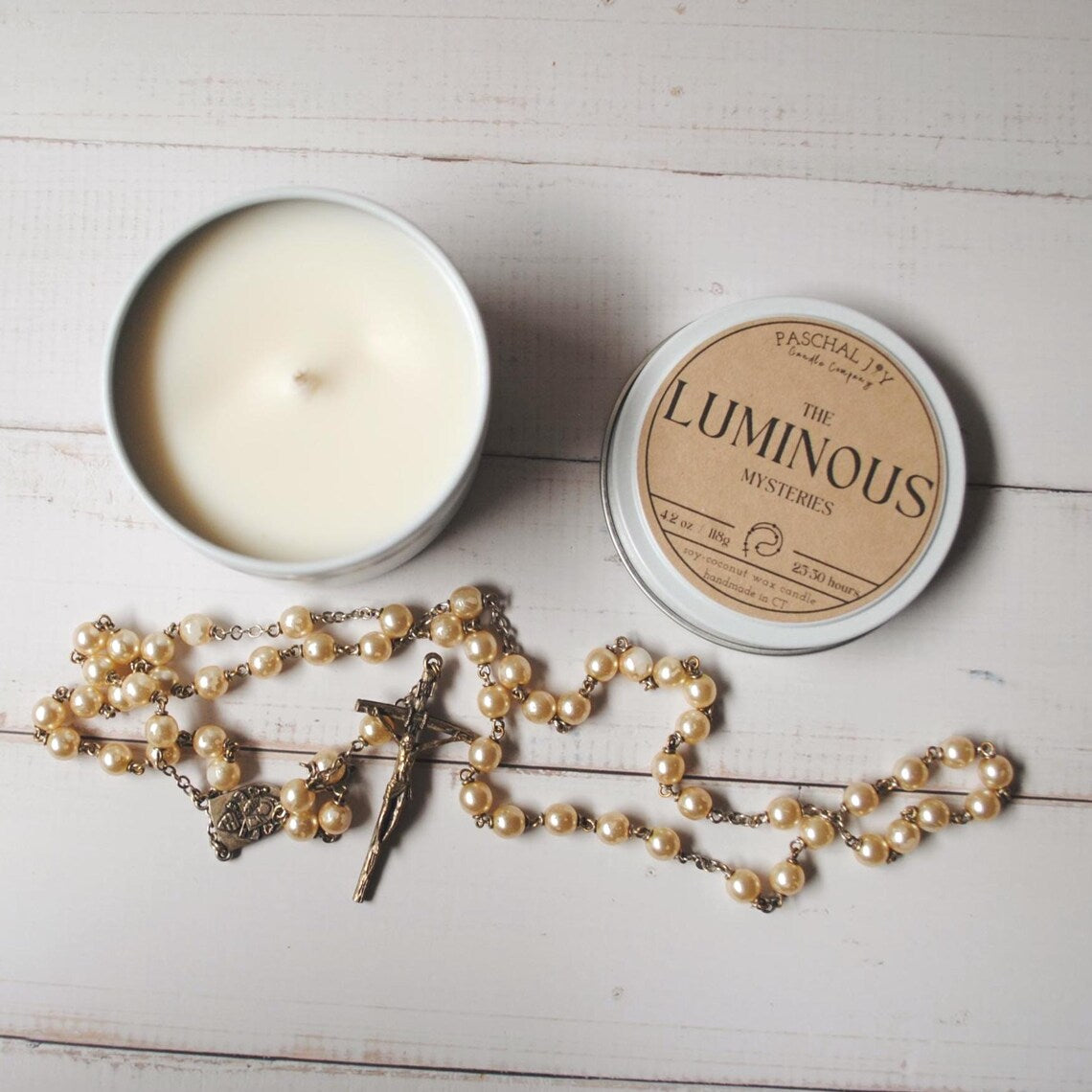 Luminous Candle with Rosary - white tin with pearl rosary