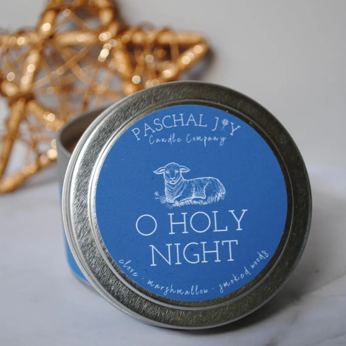 O Holy Night Candle Tin with gold star in background