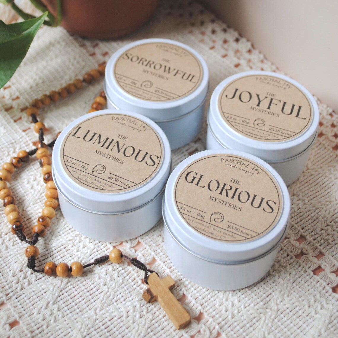 Rosary Candle Collection - with rosary and textured background. 4 white scented candles