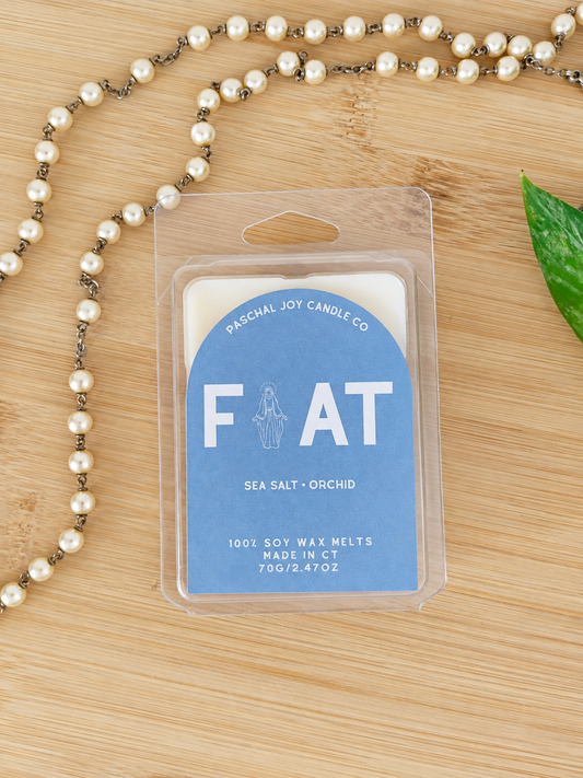 A packaged soy wax melt card from Pascal Joy Candle Co. labeled 'Fat' in Sea Salt + Orchid scent, placed on a light wood surface with a pearl necklace and a green leaf as styling props.