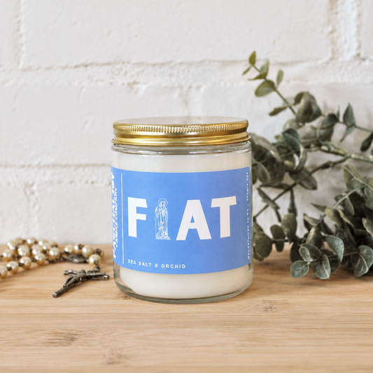 A glass jar candle with a blue label reading 'FIAT' and 'SEA SALT & ORCHID' sits on a wooden surface against a white brick wall, styled with a gold lid, beads, and greenery.