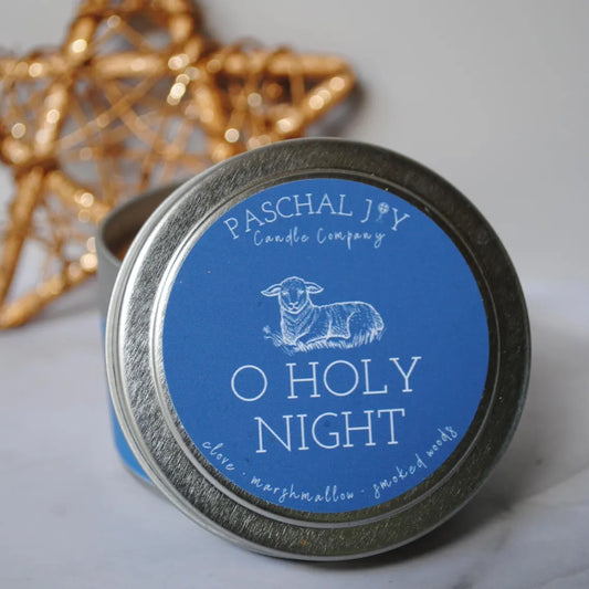 O Holy Night Candle Tin  with gold star in background